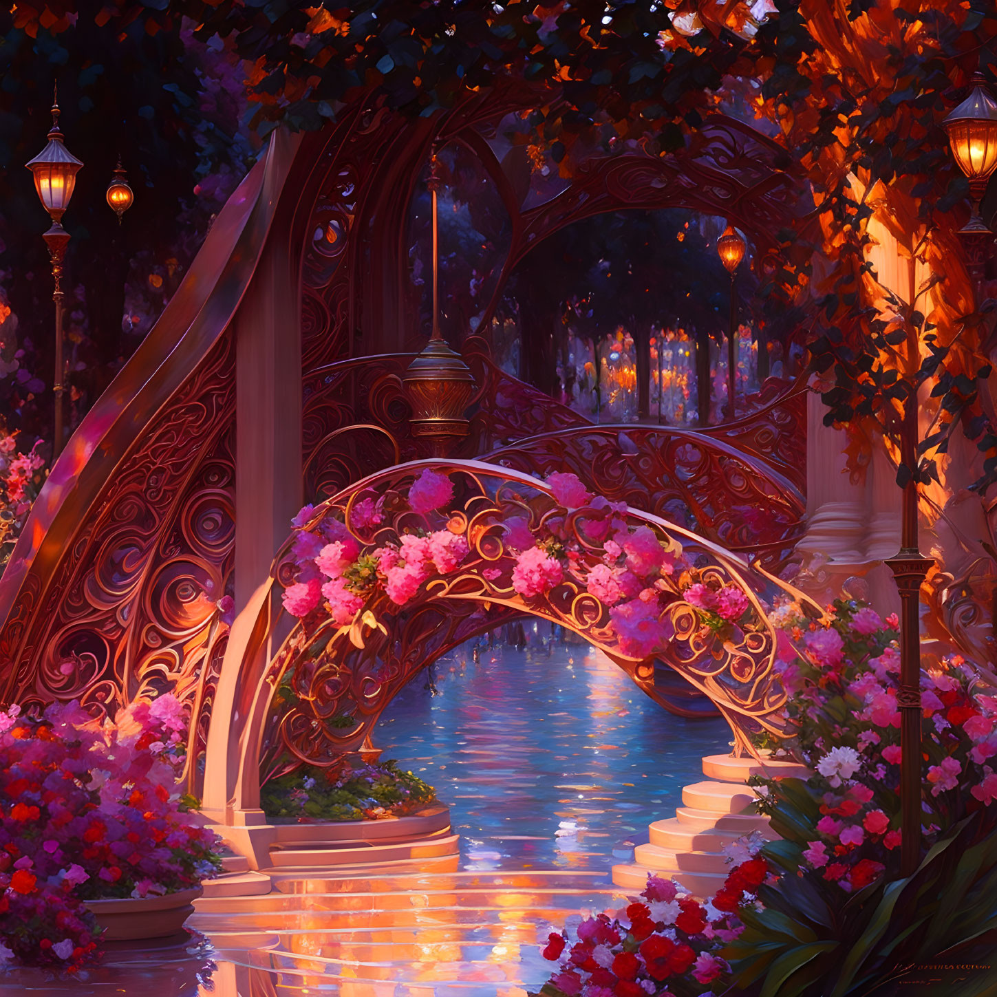Ornate illuminated bridge with pink flowers over tranquil river at twilight