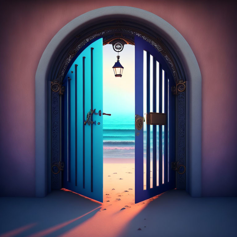 Blue door opens to beach at sunset with waves and lantern.