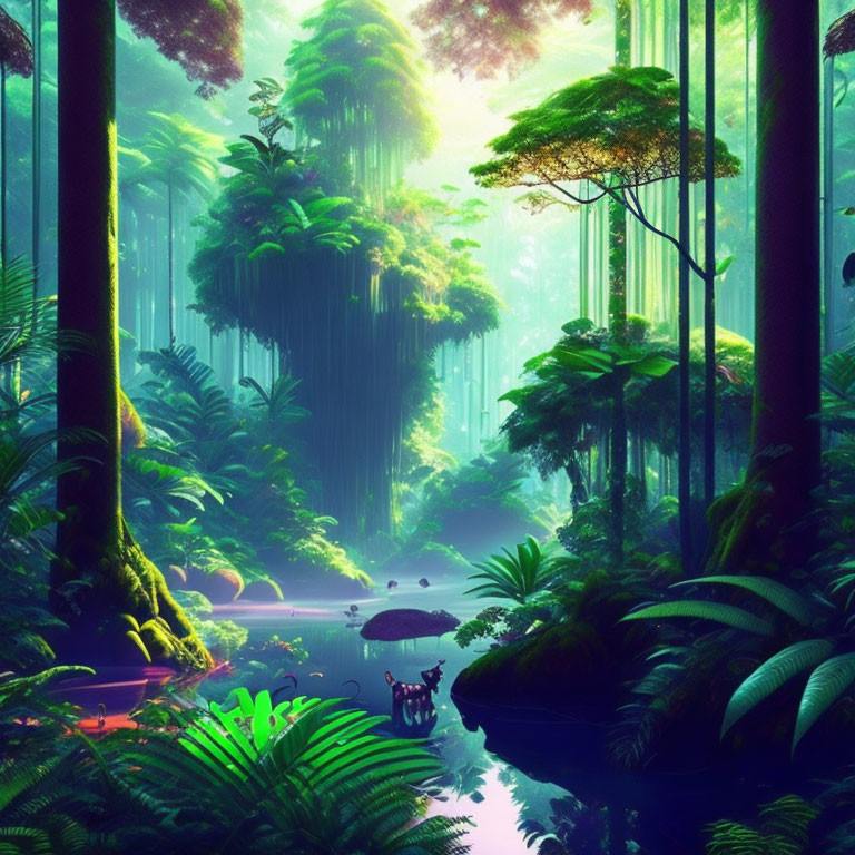 Lush Jungle Scene with Towering Trees and Serene Lake