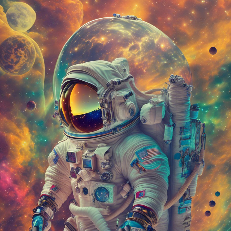 Astronaut in detailed space suit against vibrant cosmic backdrop