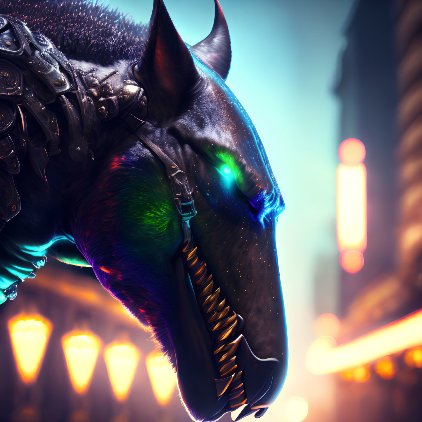 Detailed Cybernetic Wolf Head with Glowing Eyes in Neon-lit Urban Setting