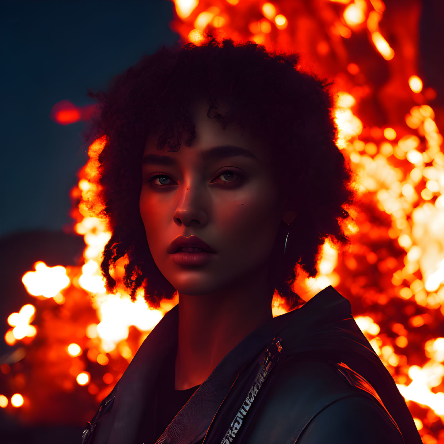 Curly-Haired Woman in Fiery Background with Eerie Red Glow