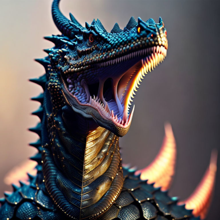 Detailed blue dragon illustration with sharp scales and glowing throat on blurred background