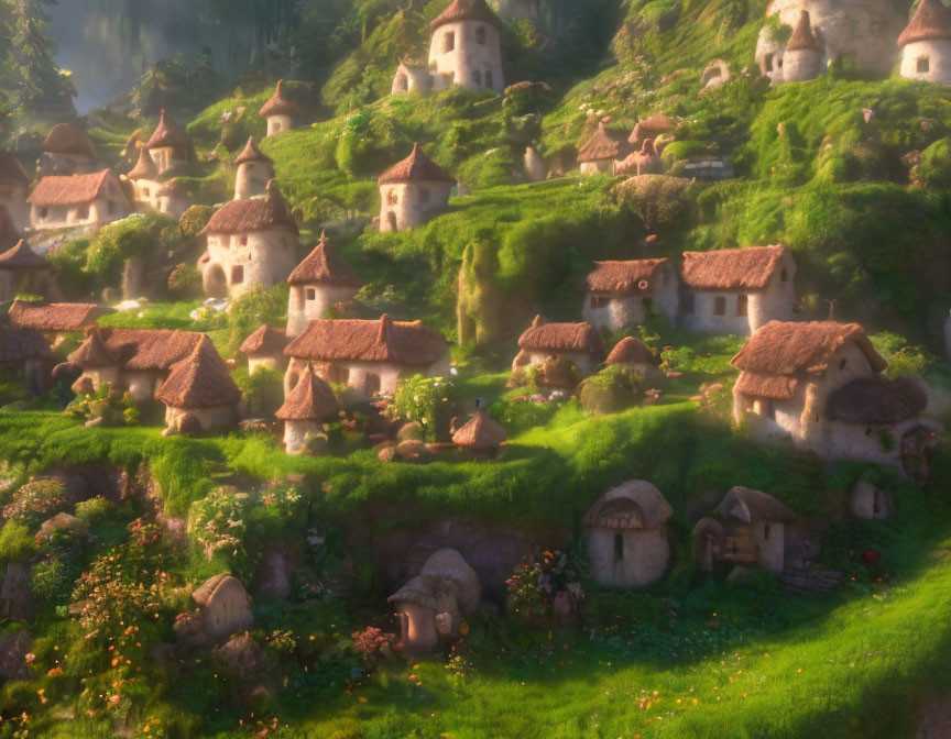 Charming village with mushroom-shaped houses in lush setting
