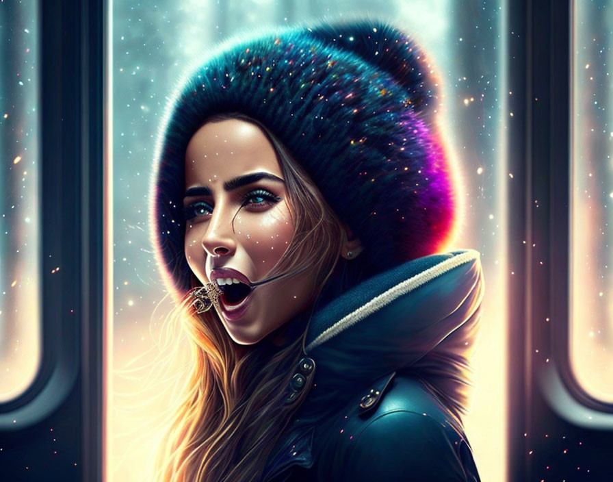 Woman in winter hat and coat mesmerized by colorful cosmic lights