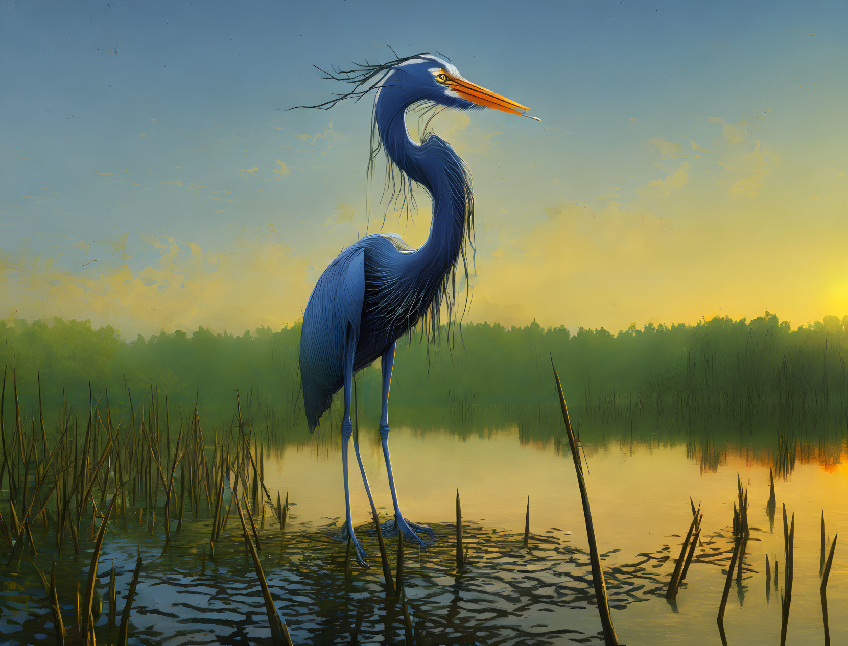 Blue heron in water at dusk with reeds and yellow sky