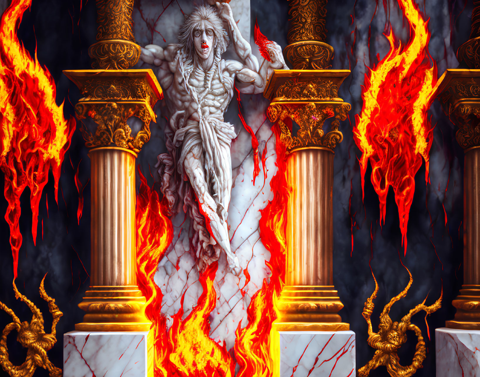 Stone-like mythical figure with white hair and blindfold in fiery fantasy scene