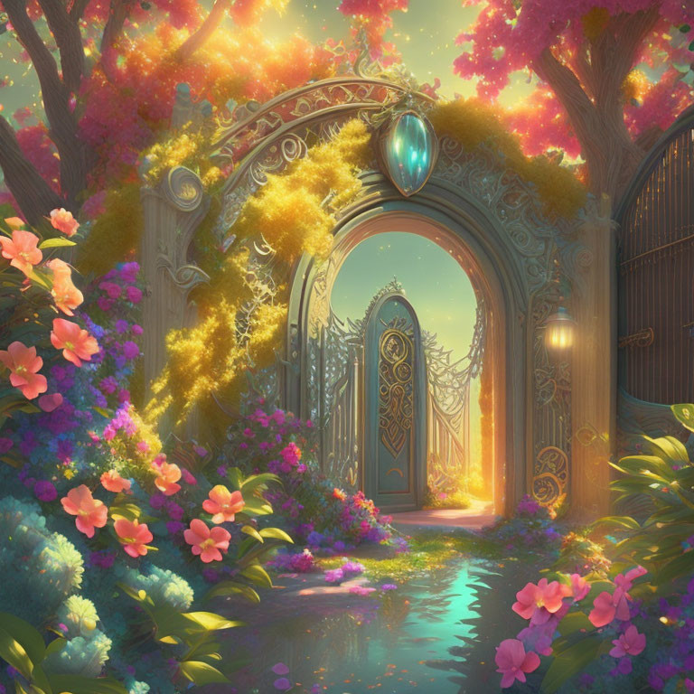 Sunlit garden with ornate gate amidst vibrant flowers and towering trees