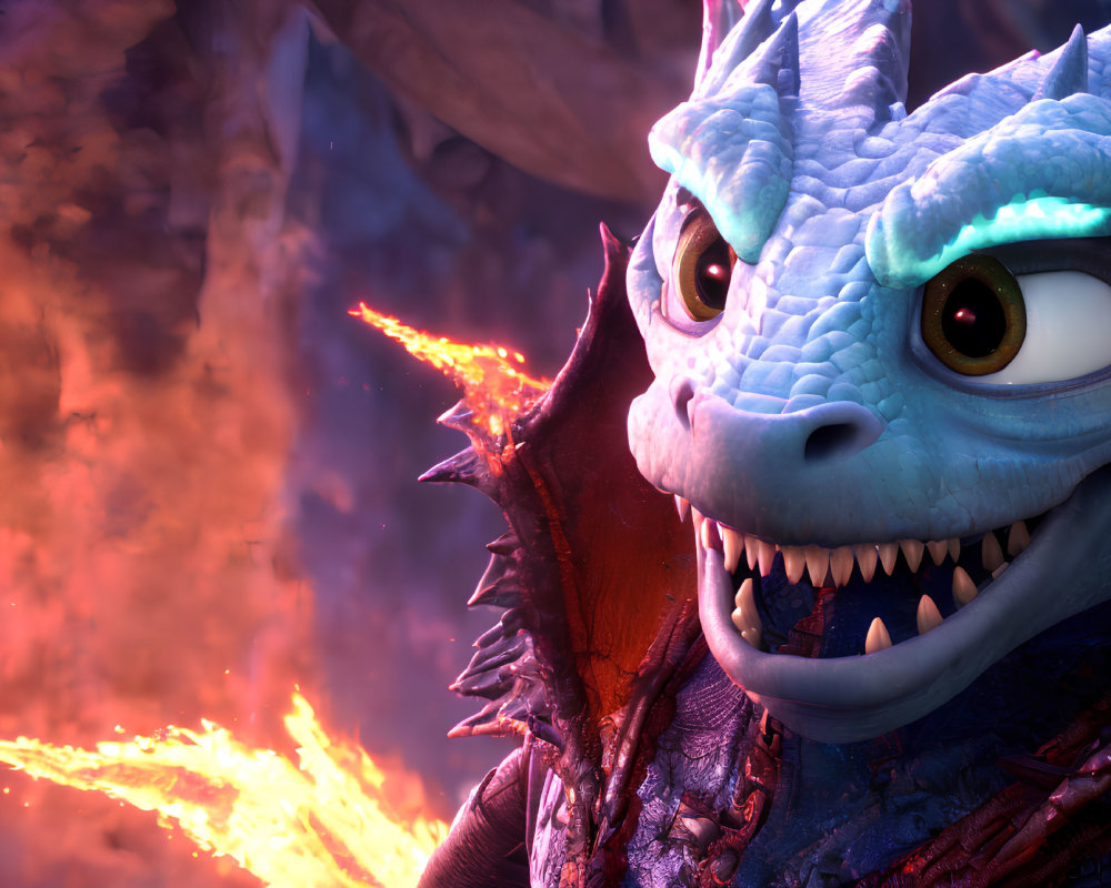 Blue Dragon Smiling Amid Fiery Background