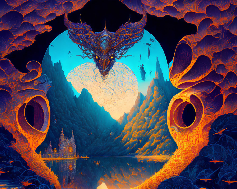 Vibrant dragon fantasy landscape with moon, mountains, foliage, and lake