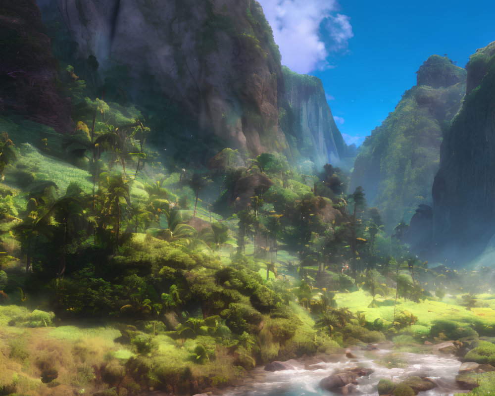 Lush valley with towering cliffs, meandering river, and clear sky