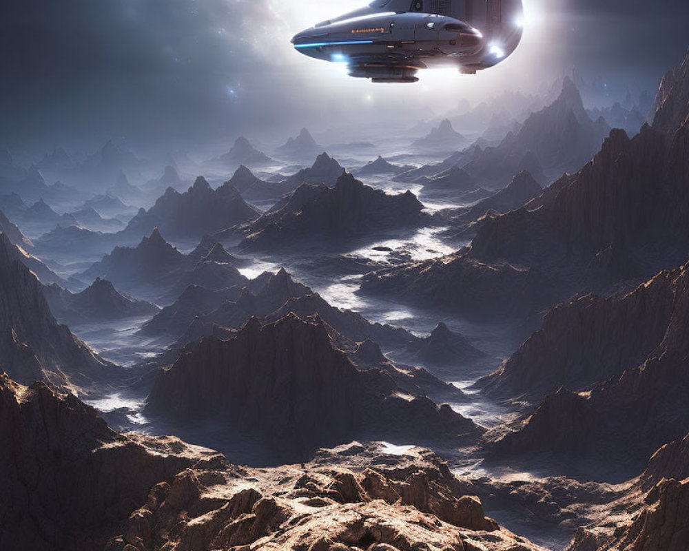 Spaceship hovers over rugged alien landscape with jagged mountains under starry sky