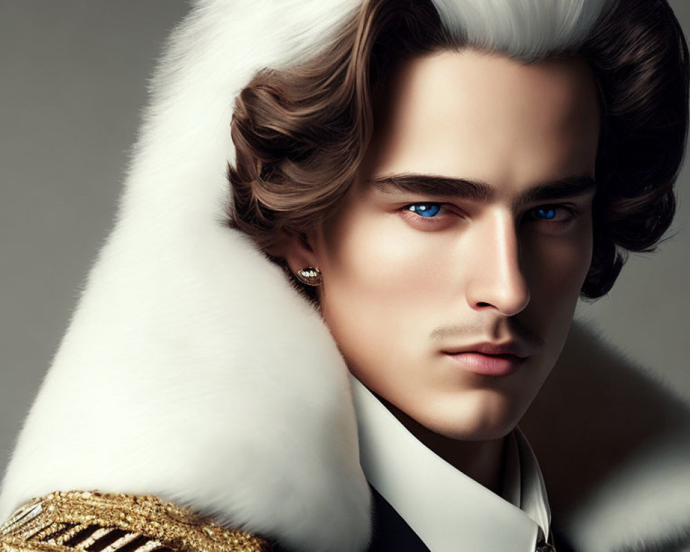 Man with sharp blue eyes in white fur collar & dark military outfit with gold epaulettes