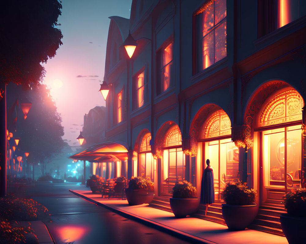Cityscape at Dusk: Person by Lamplit Street, Elegant Buildings, Glowing Cafe