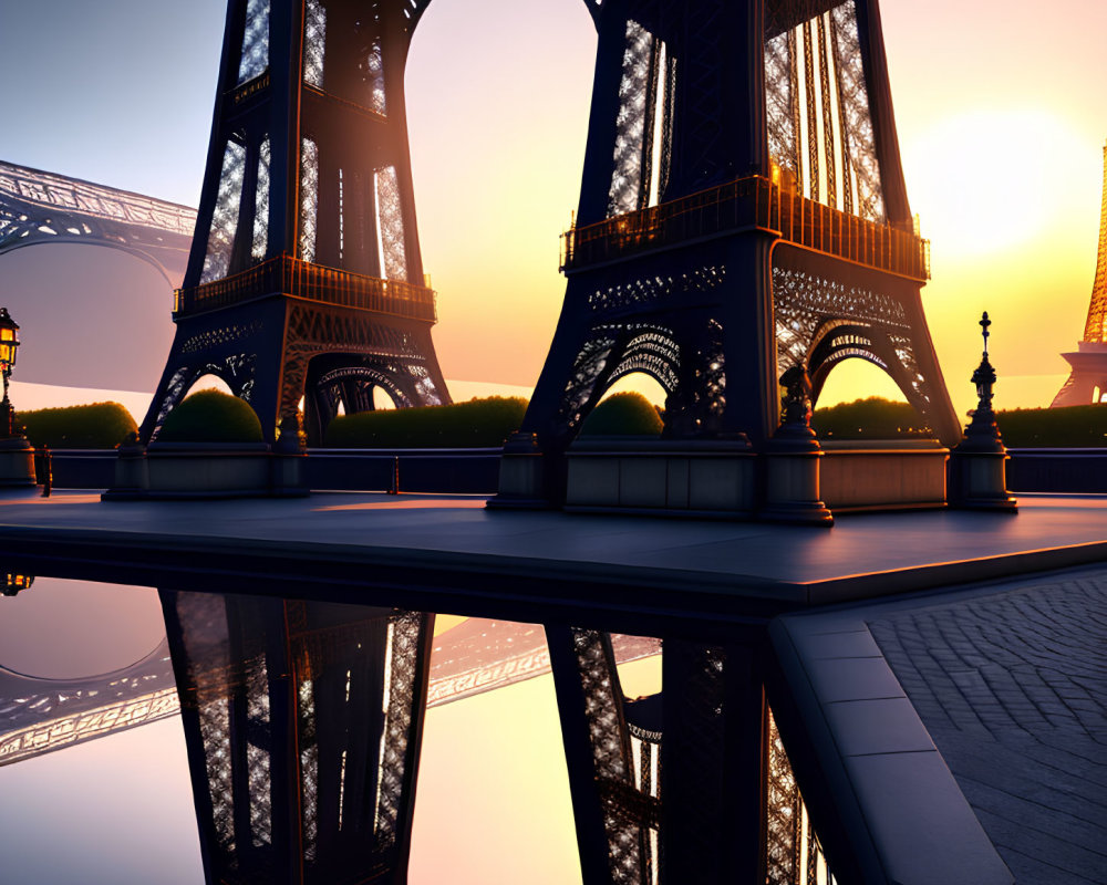 Detailed silhouette of Eiffel Tower at sunset with water reflections.