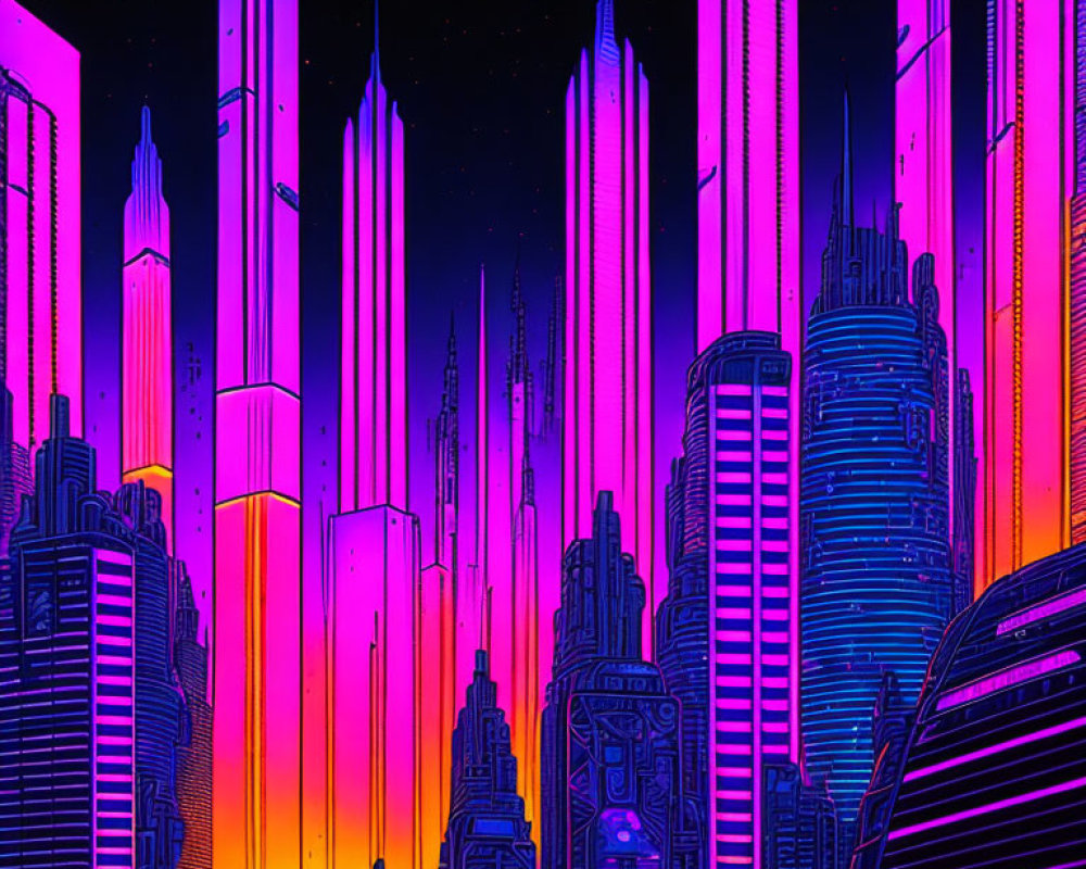 Vibrant neon-lit cyberpunk cityscape with towering skyscrapers