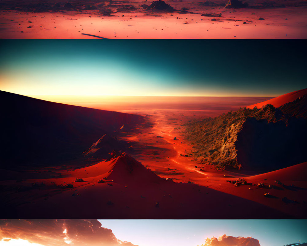 Triptych of Martian Landscapes: Red Sands, Dark Mountains, Gradient Sky