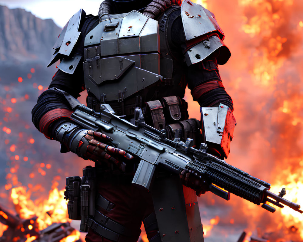 Futuristic armored person with rifle in fiery explosion backdrop