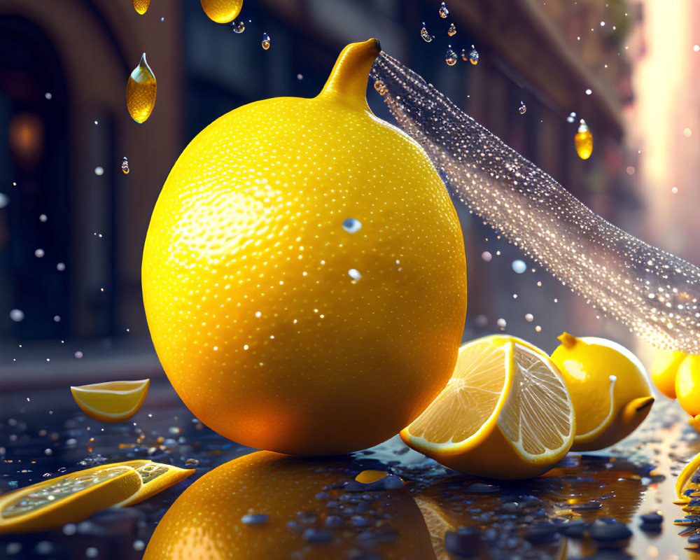 Bright lemon with water droplets on reflective surface, surrounded by slices and peel, warm blurred background