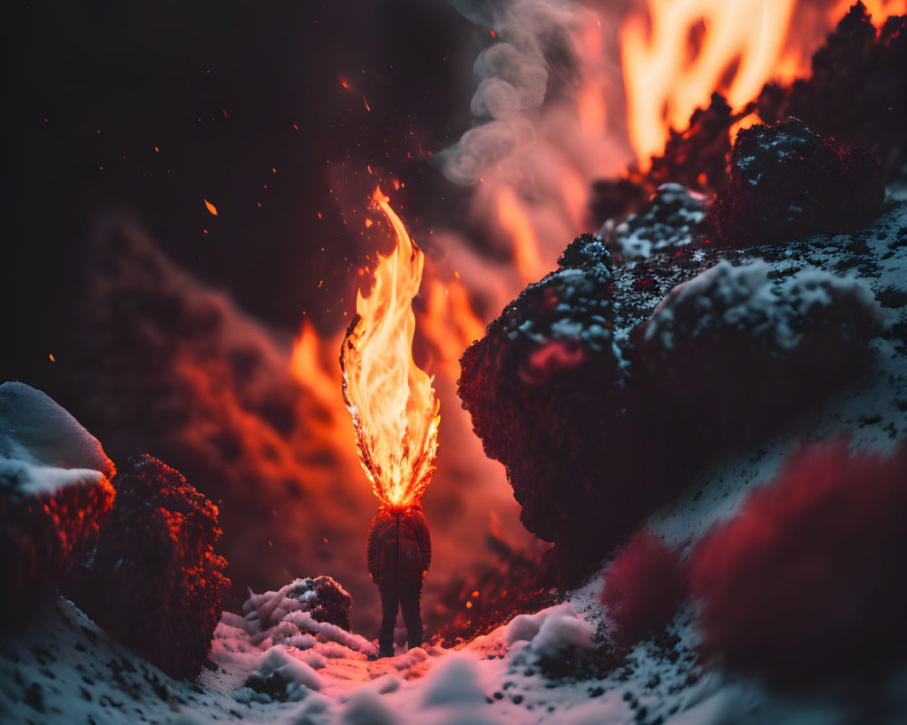 Person standing by large flame in snowy landscape