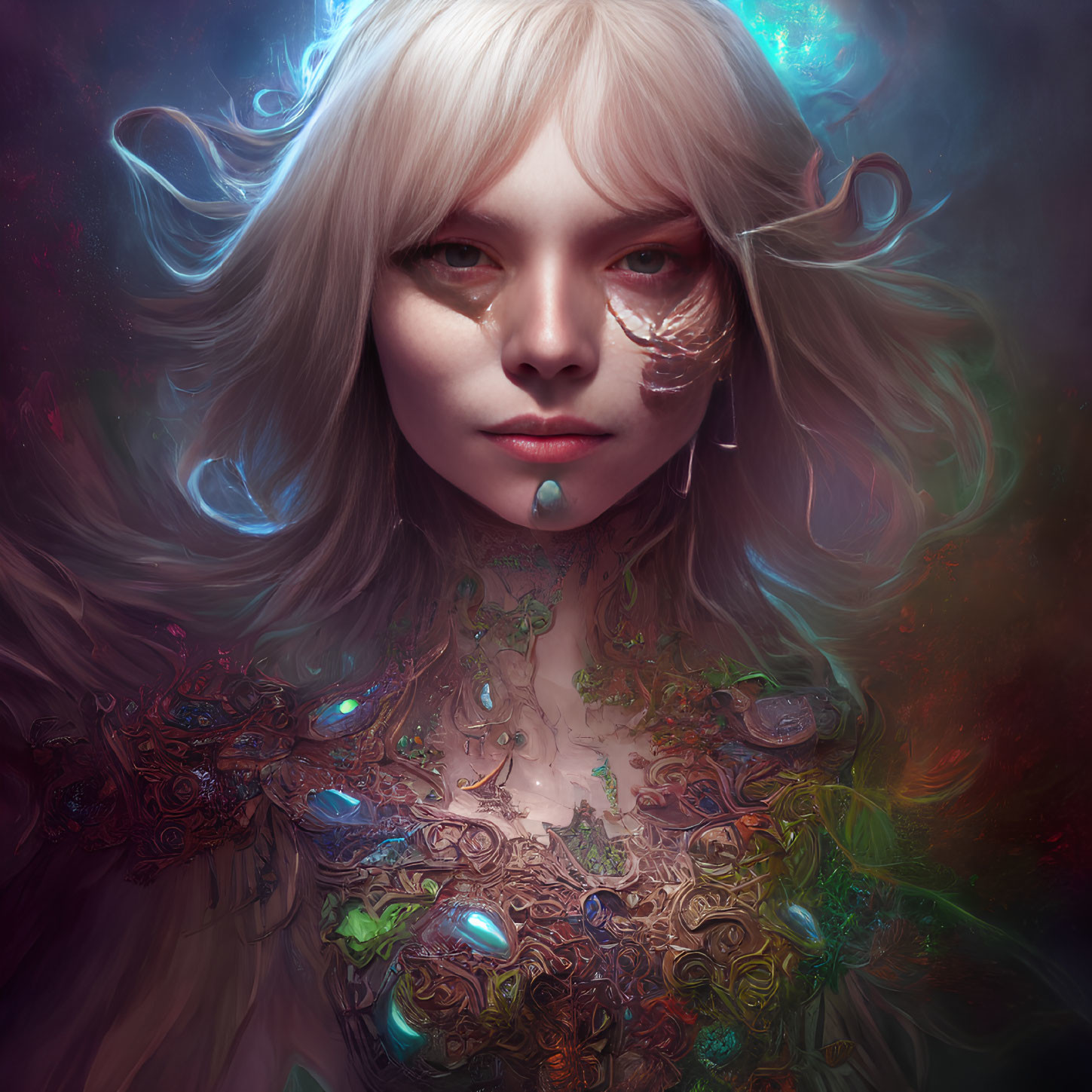 Fantasy portrait: Female with silver hair, crystalline tear, scarred eye, ornate attire