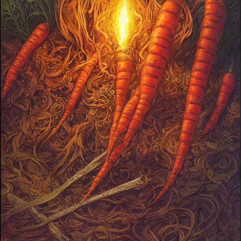 Glowing underground illustration of oversized carrots with tangled roots