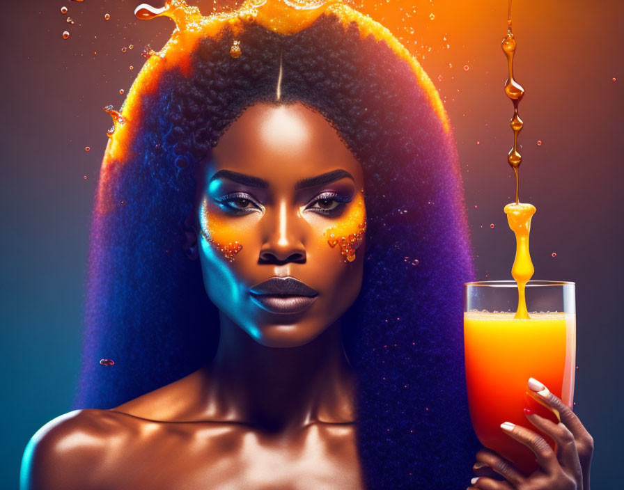 Colorful Makeup Woman Holding Glass of Orange Juice with Liquid Splash