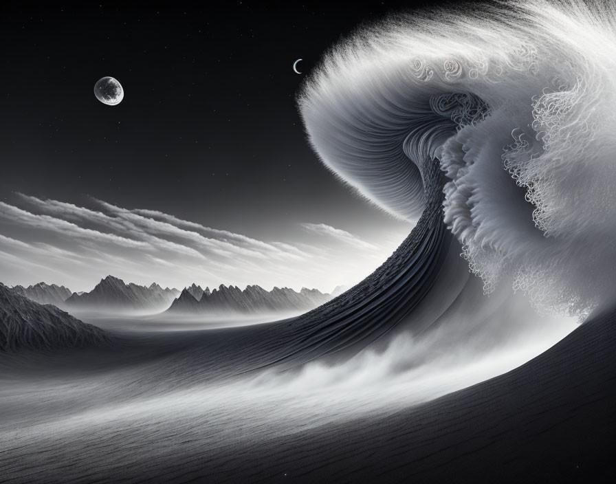 Monochrome surreal landscape with wave-like mountain under night sky