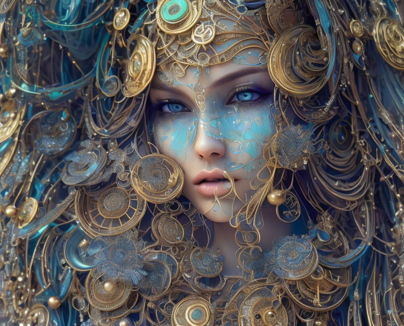 Ethereal female fantasy portrait with gold filigree and blue markings