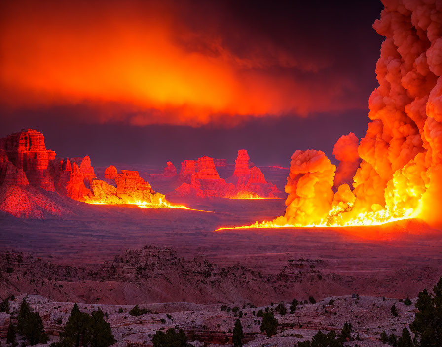 Fiery Orange Skies and Blazing Wildfire in Dramatic Landscape