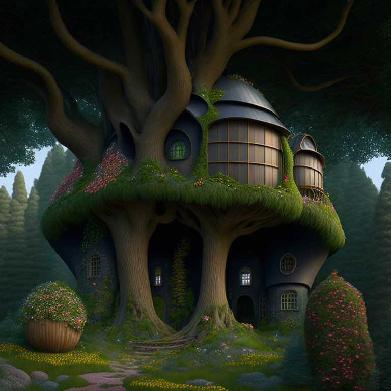 Whimsical Treehouse with Round Windows in Lush Forest Setting