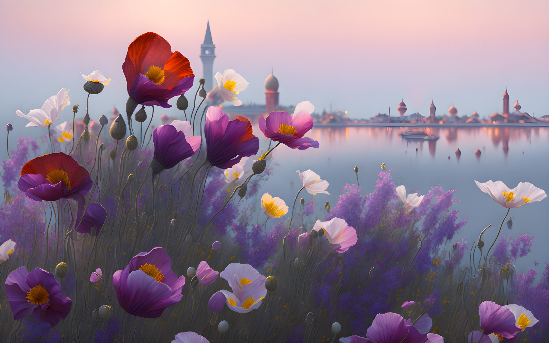 Tranquil dusk landscape with vibrant flowers and distant buildings.