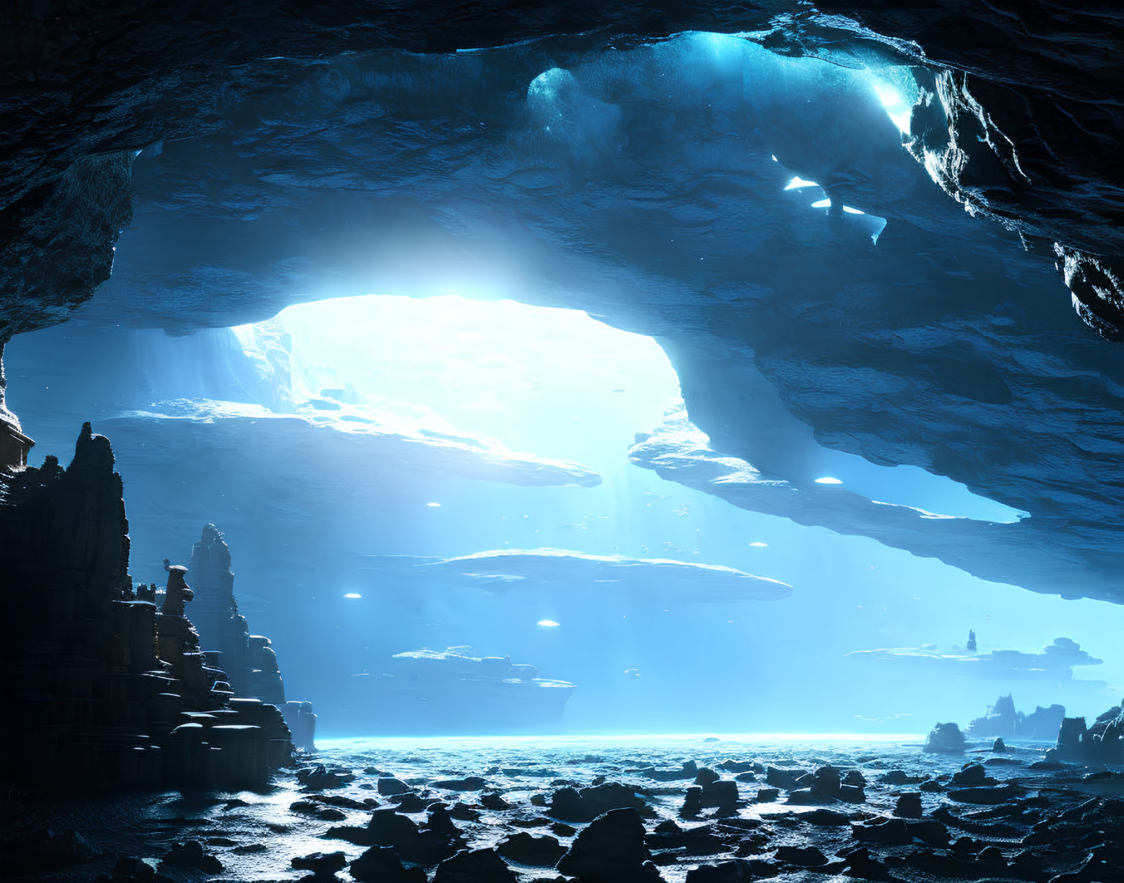 Majestic underground cavern with floating islands and rocky formations