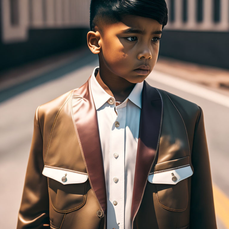 Stylish young boy in chic brown and beige jacket outdoors