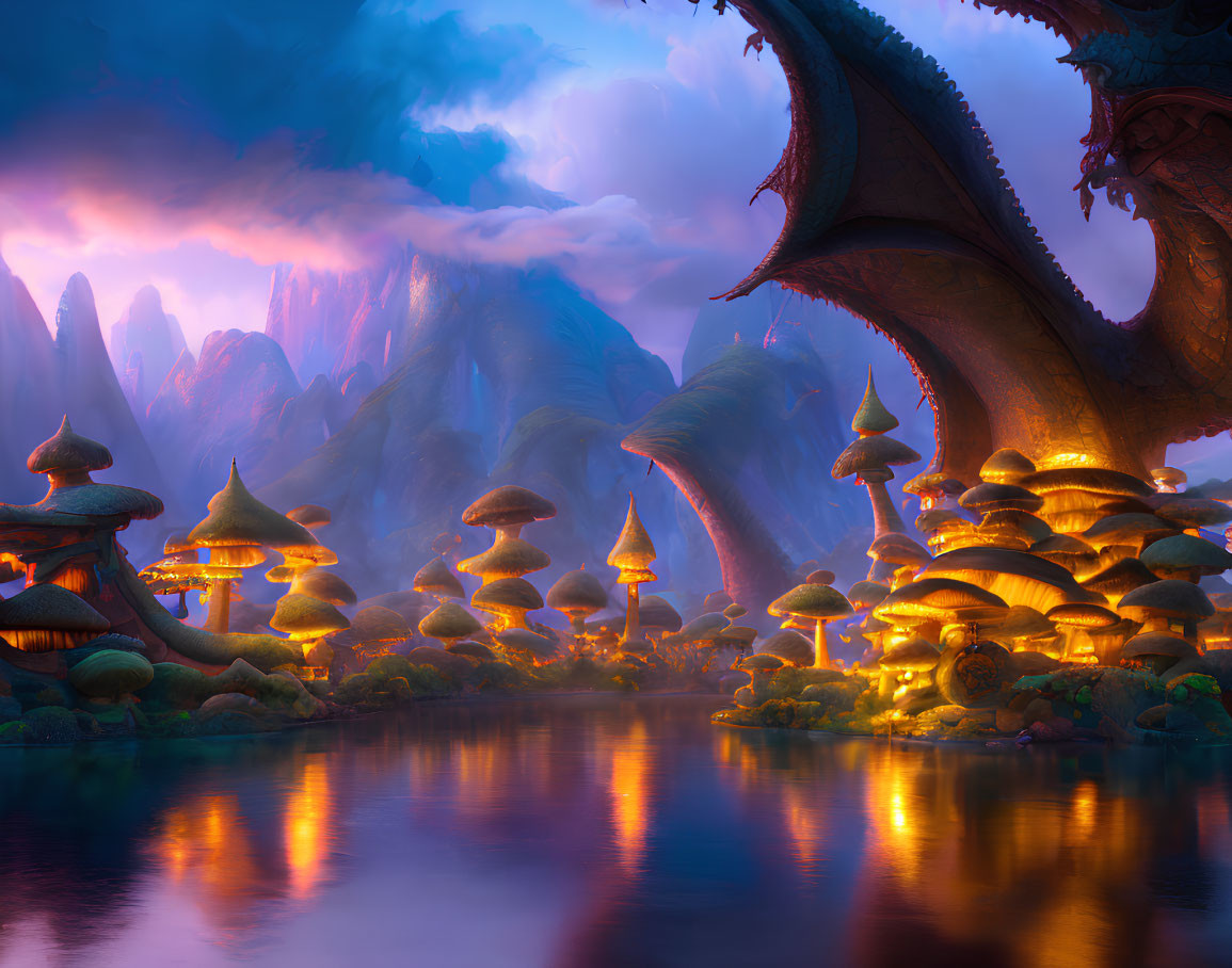 Fantastical Mushroom Buildings by Serene Lake with Dragon Wing Sky