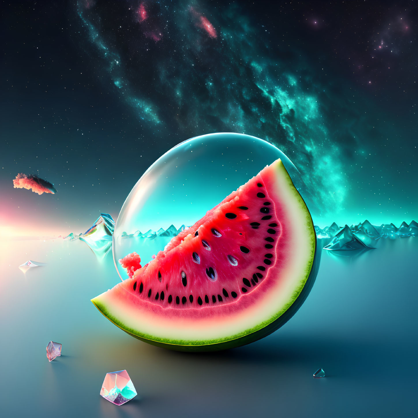 Surreal watermelon slice in cosmic space with stars and crystals