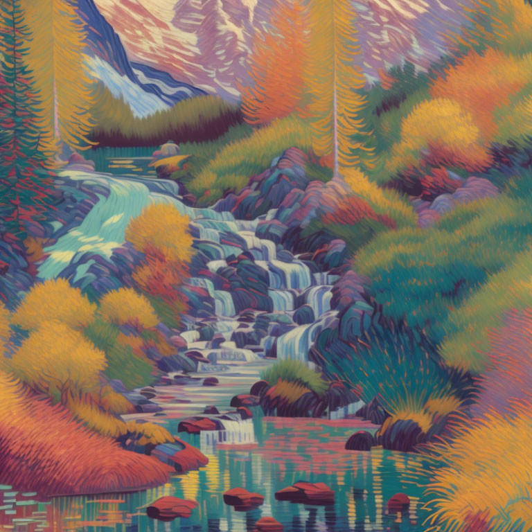 Stylized painting of waterfall in autumn setting