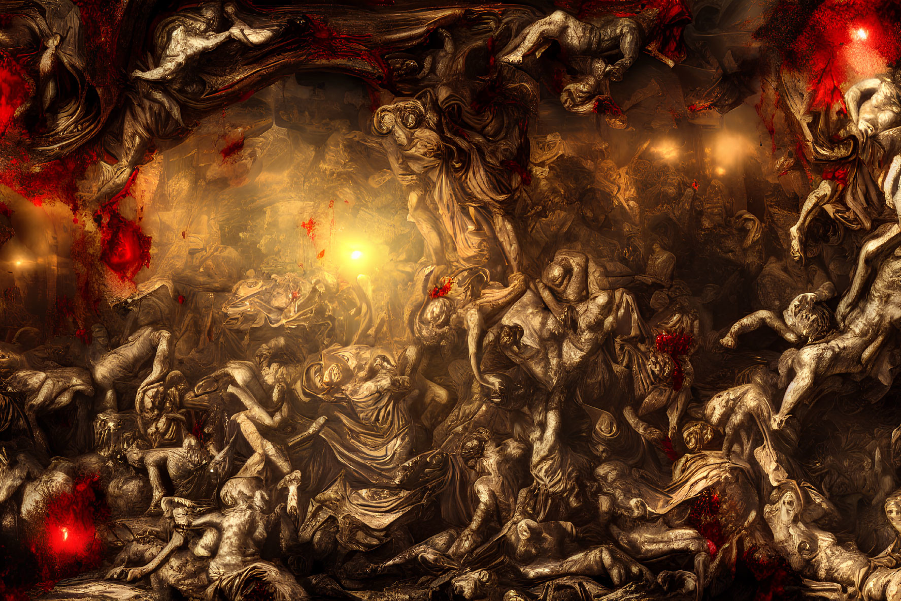 Chaotic fiery scene with figures in turmoil and central glowing light