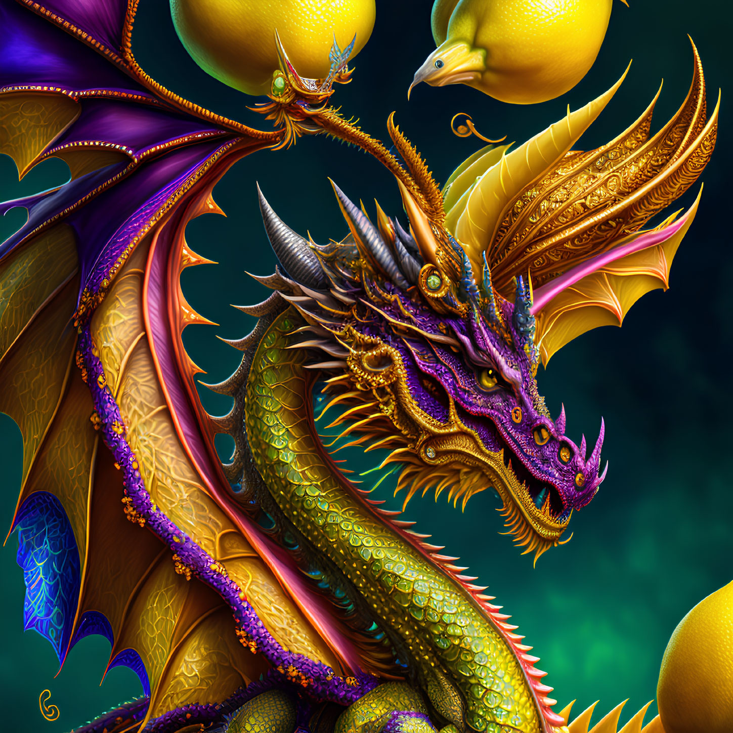 Detailed golden dragon with purple accents and smaller dragons in vibrant digital art.