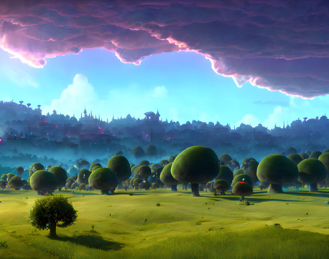Colorful landscape with round trees, storm cloud, and tranquil town under golden light
