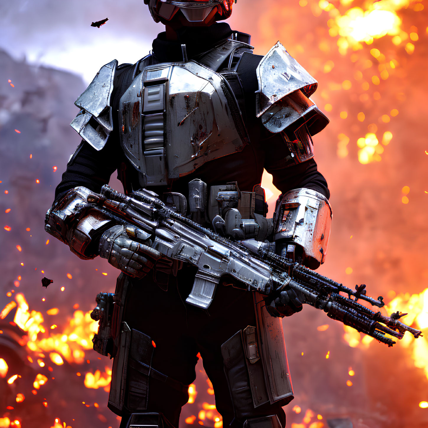 Futuristic soldier in heavy armor with advanced rifle amidst fiery explosions