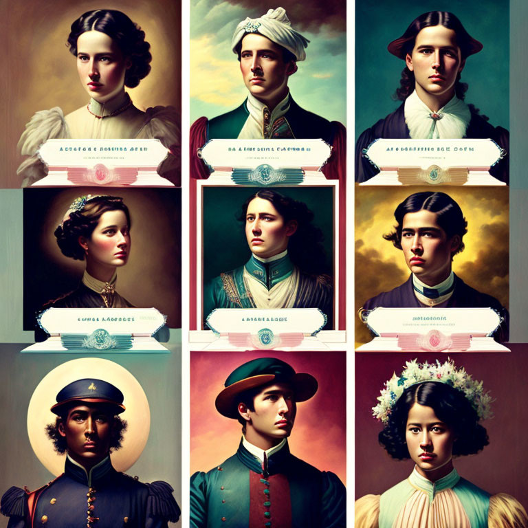 Nine vintage-style portraits of historical figures in themed attire, arranged in a 3x3 grid with