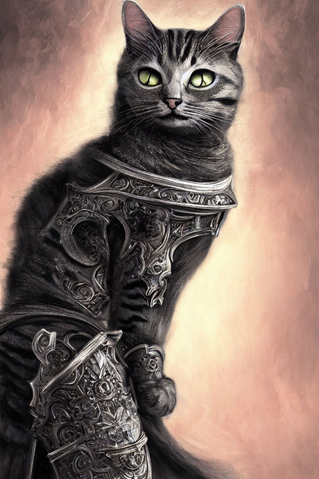 Black Cat in Medieval Armor with Green Eyes: Majestic and Regal Stance