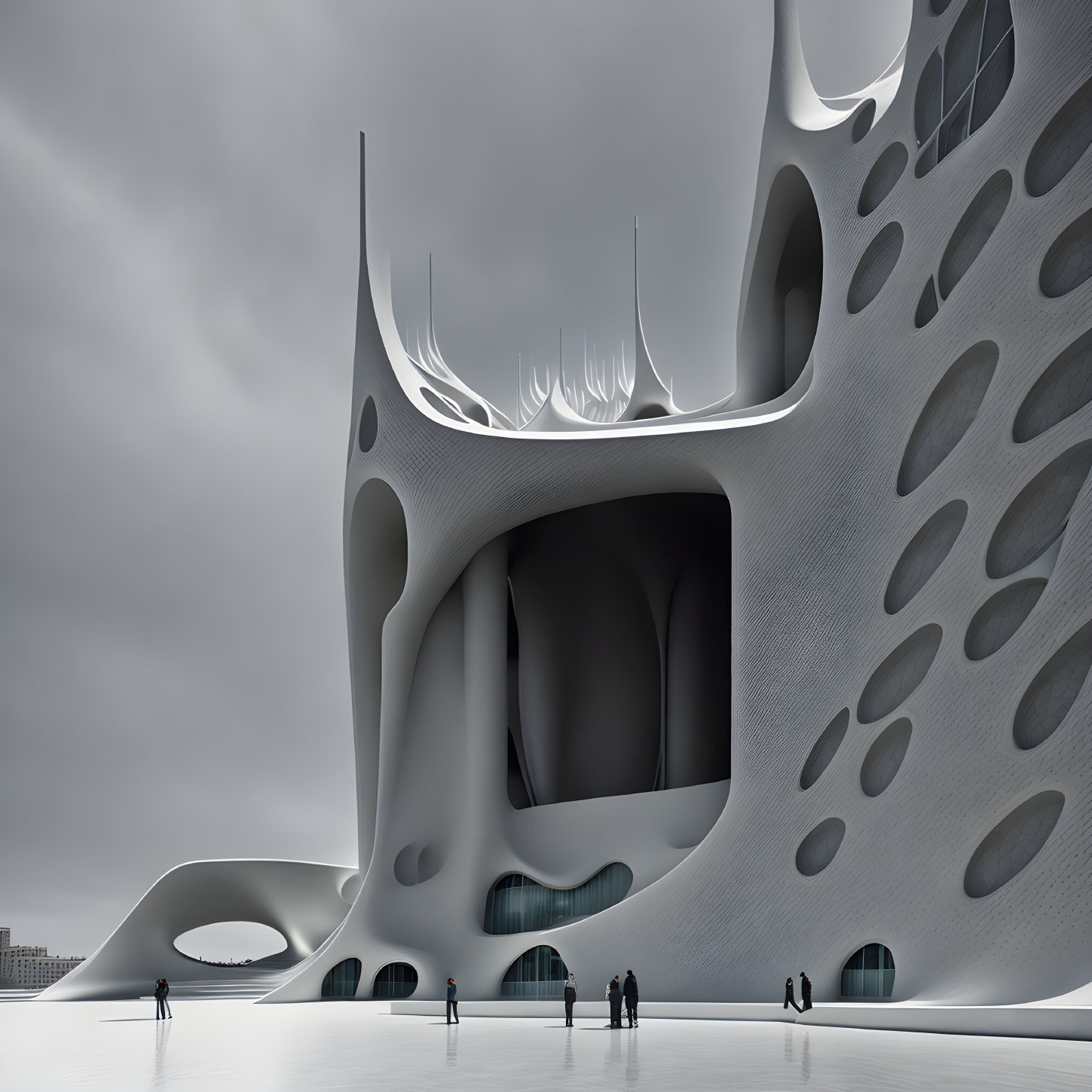 Organic Curves and Hole-Patterned Facade on Futuristic Building
