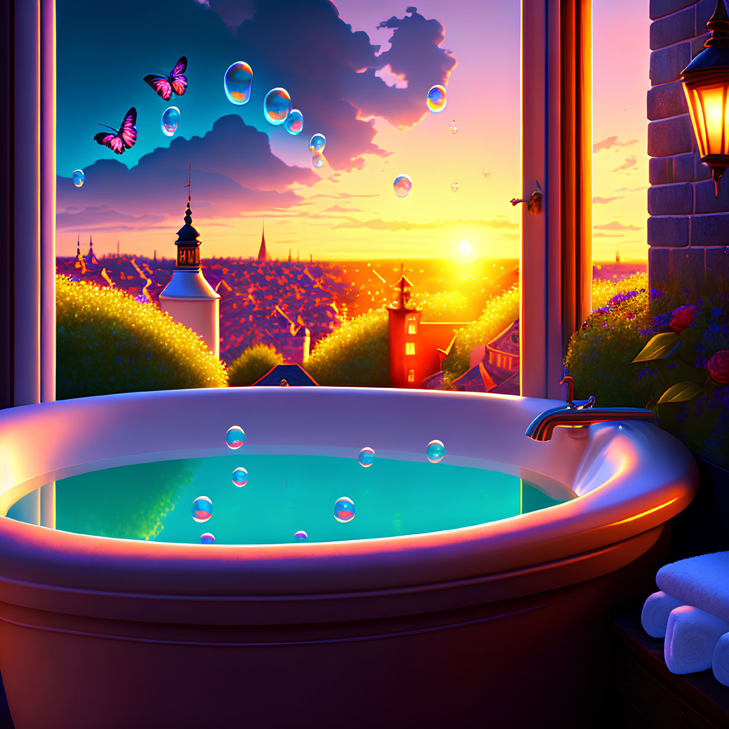 Bathtub overlooking sunset cityscape with butterflies and bubbles.