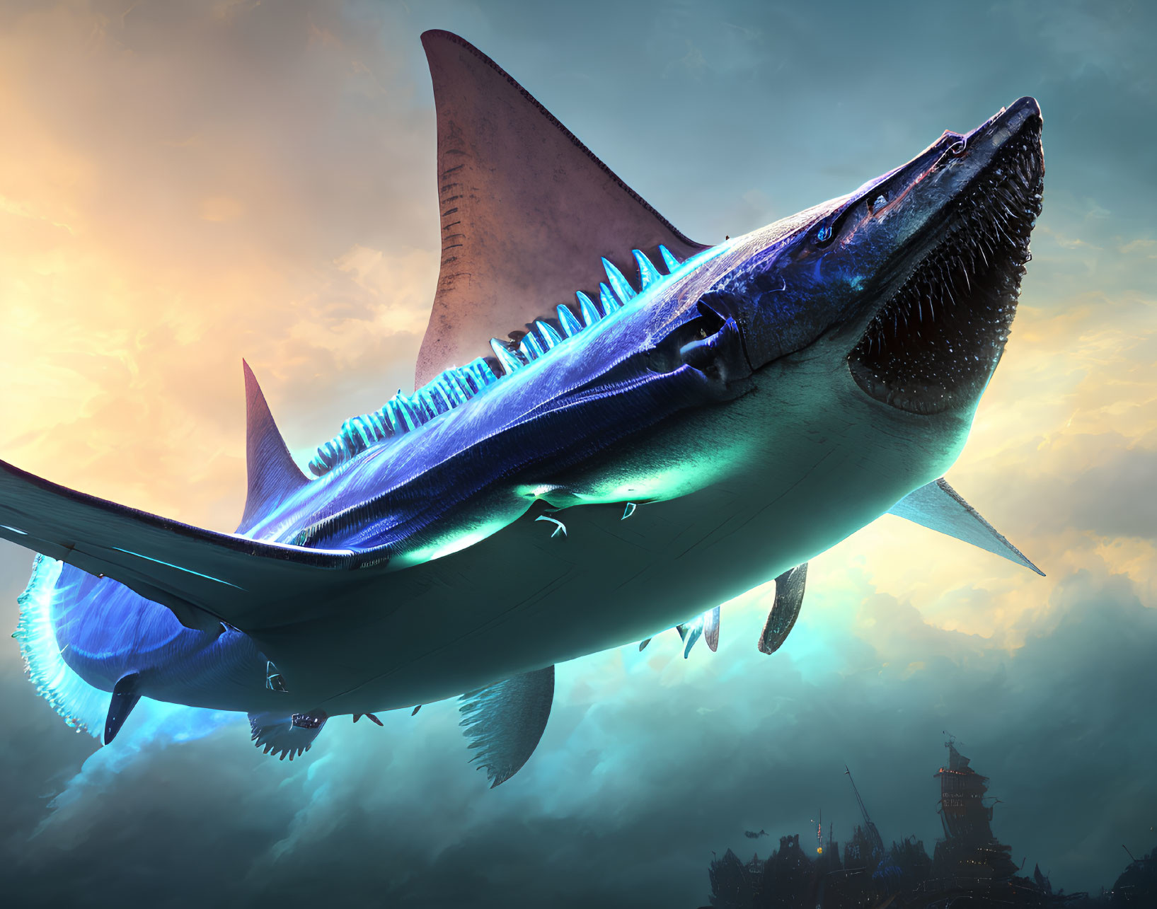 Large blue shark with sharp teeth and spines in mystical ocean scene