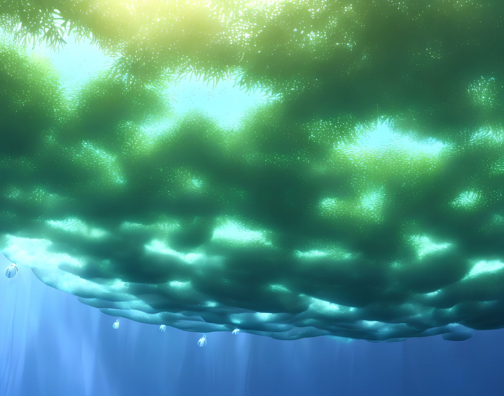 Sunlit Underwater Scene with Bubbles and Light Rays
