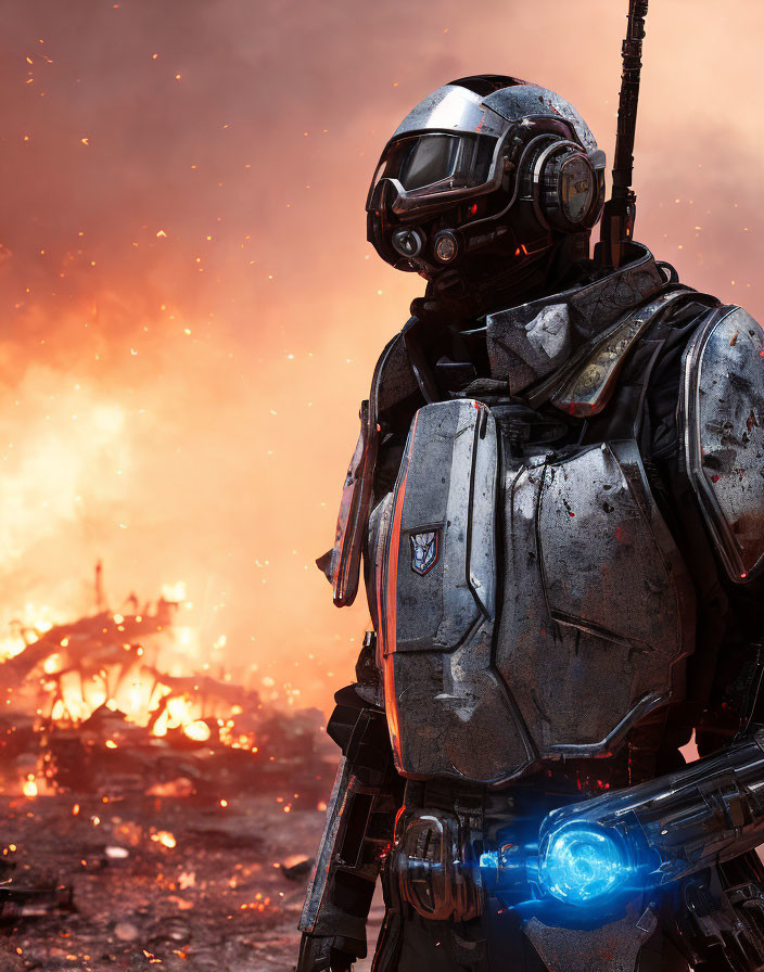 Futuristic soldier in blue glowing armor on battlefield with flames