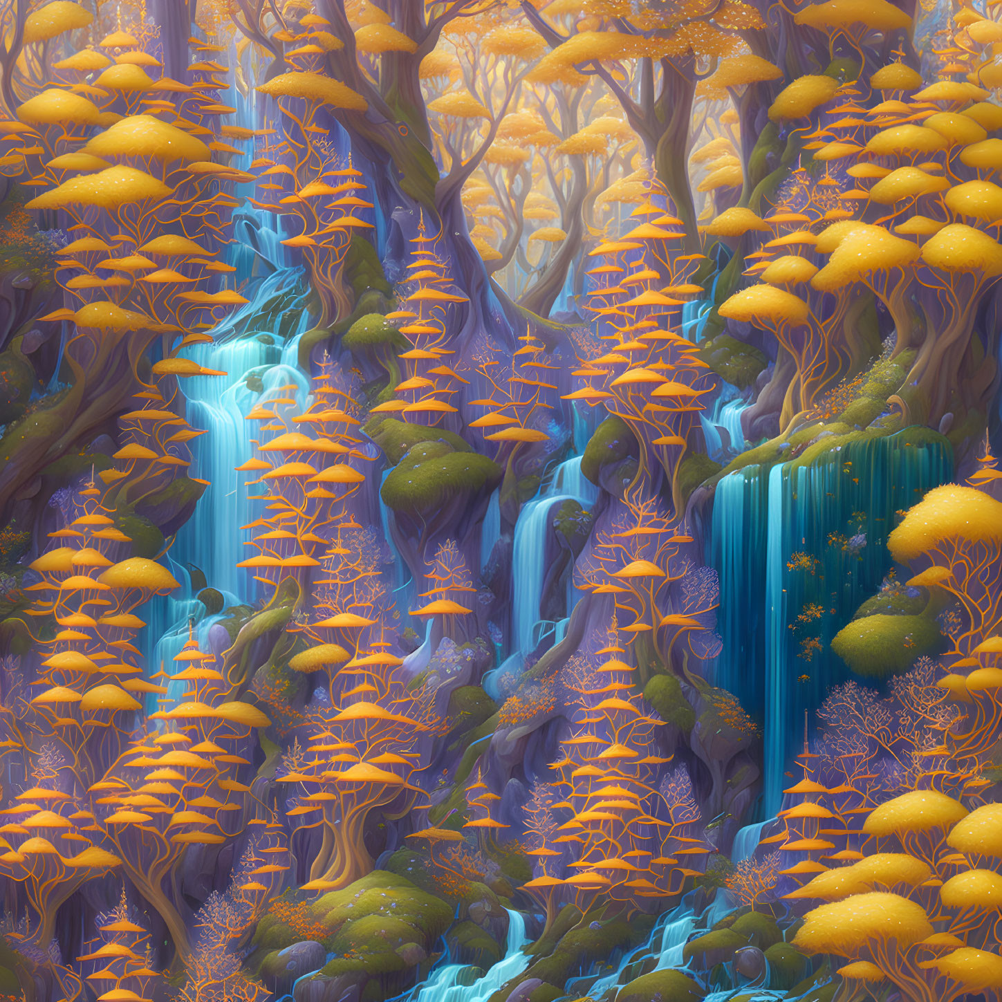 Enchanting forest scene with golden-yellow trees, blue waterfall, and moss-covered rocks