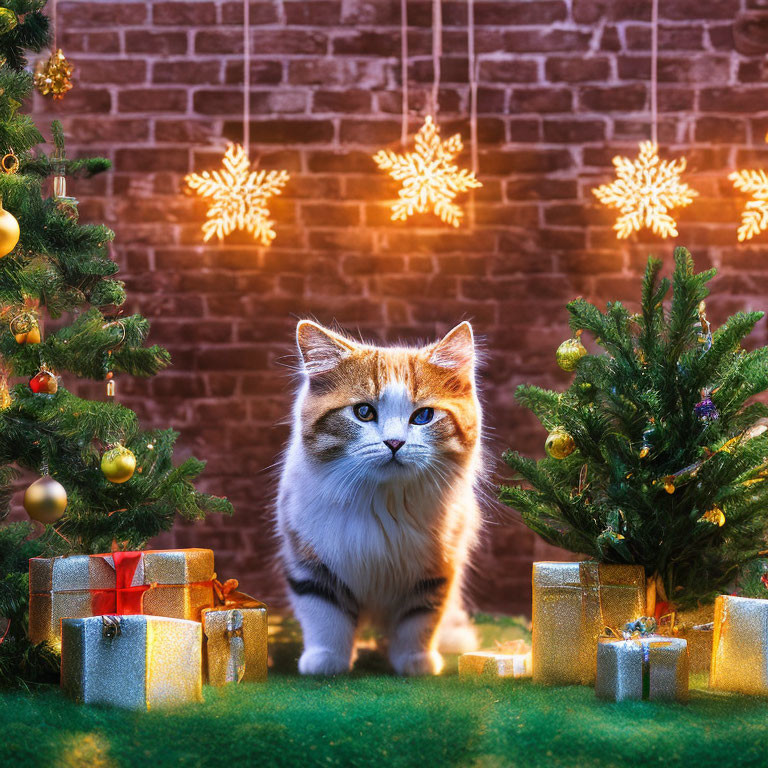 Fluffy cat with wrapped gifts by Christmas trees and star-shaped lights